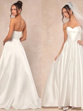 NWT Lulu’s Khalida White Satin Pleated Strapless Wedding Gown Medium 2576891